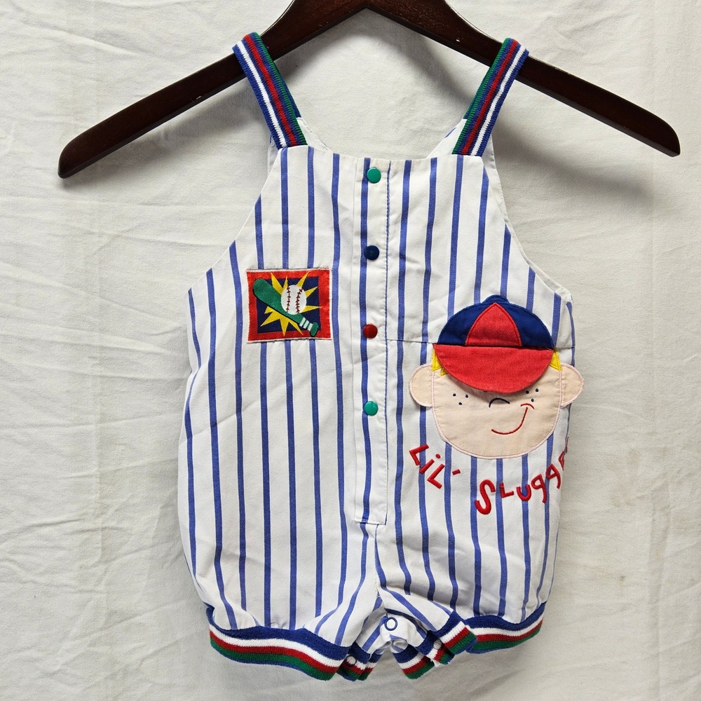 Vintage Lil Slugger Baseball Romper Toddler Boy 4T White Blue Pinstripe Shortall